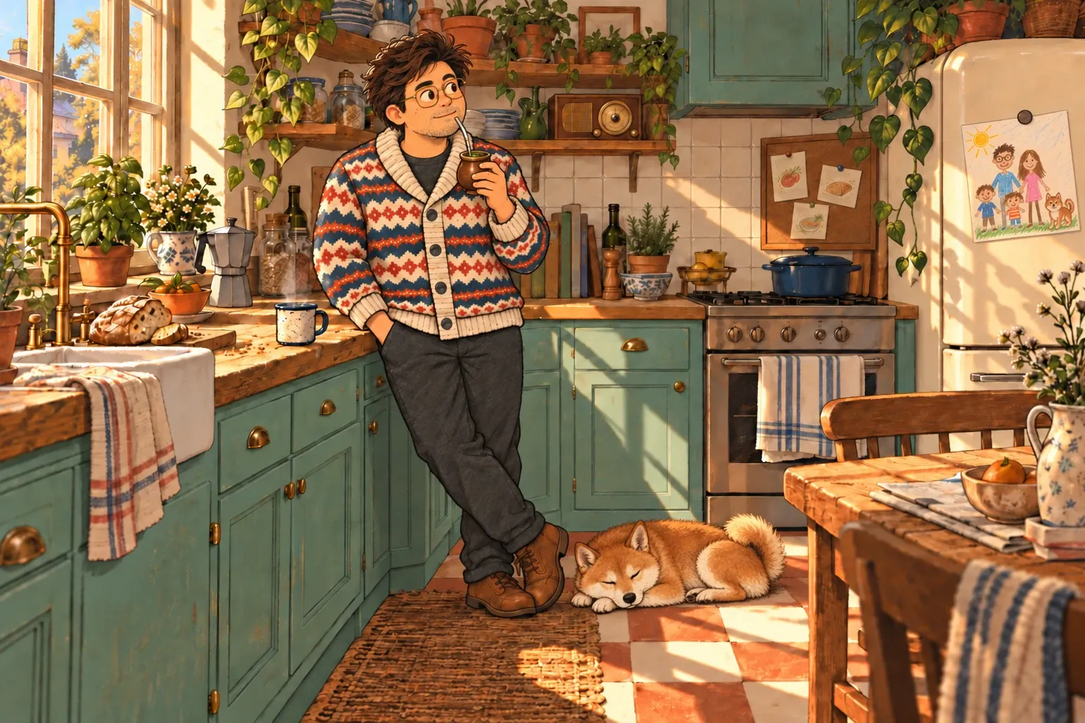 Diego, appuyé contre le plan de travail d’une cuisine ensoleillée, boit un maté ; son chien dort à ses pieds. Sur l’étagère, une vieille radio ; sur un tableau en liège, trois fiches de recettes ; sur le réfrigérateur, un dessin d’enfant représentant une famille.