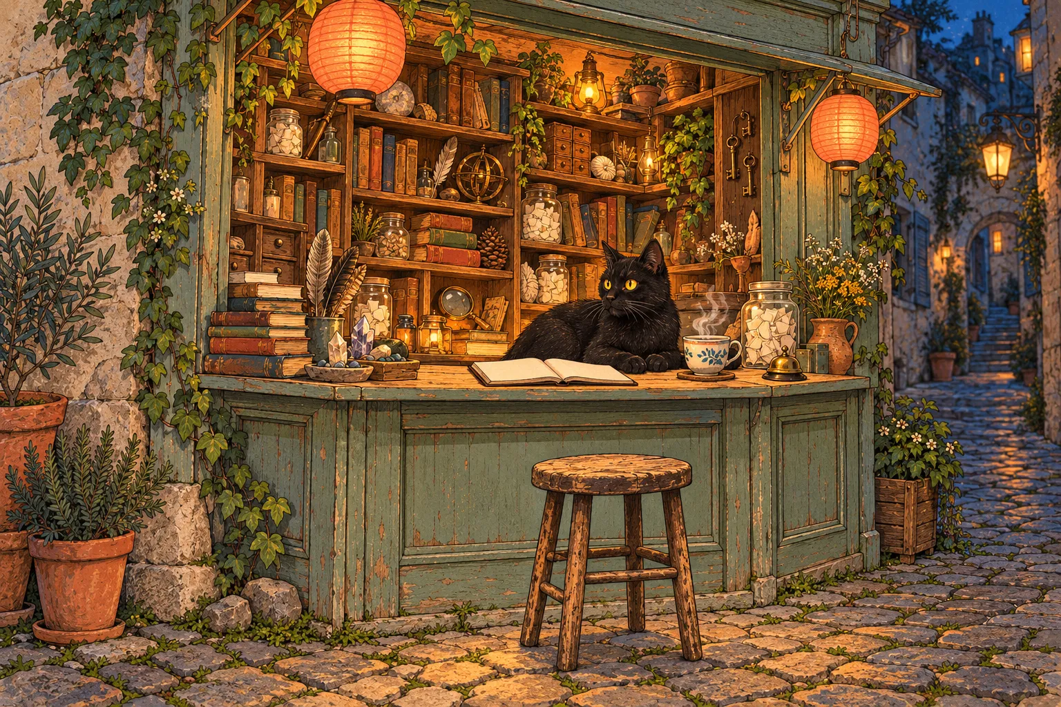 Un chat noir attend derrière le comptoir d’une petite boutique pleine de livres et de questions.