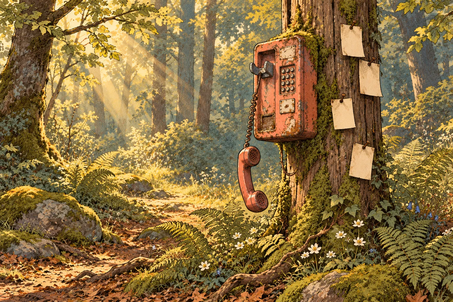 Dans la forêt de l’ours, un vieux téléphone public rose dont le combiné pend, comme si quelqu’un venait d’appeler.