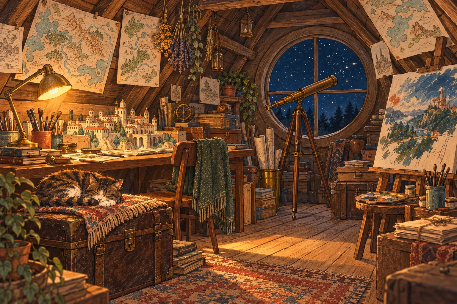 La nuit, le grenier de l’ours : une longue-vue pointée vers les étoiles par une fenêtre ronde.