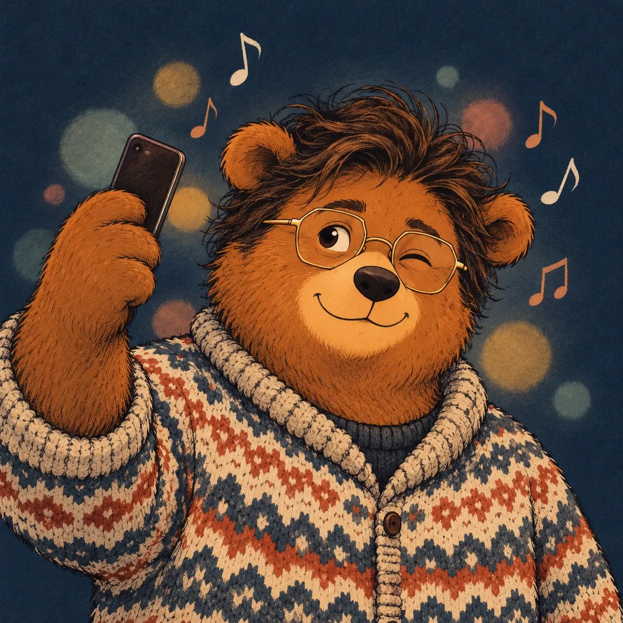 Phil, l’ours, cligne de l’œil et lève un téléphone comme une baguette de chef d’orchestre, sur fond de notes lumineuses.